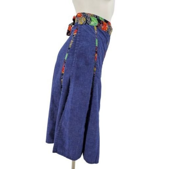 Vintage 70s Threadworks Blue Chambray Paisley Floral Paneled Wrap Skirt - Picture 3 of 9